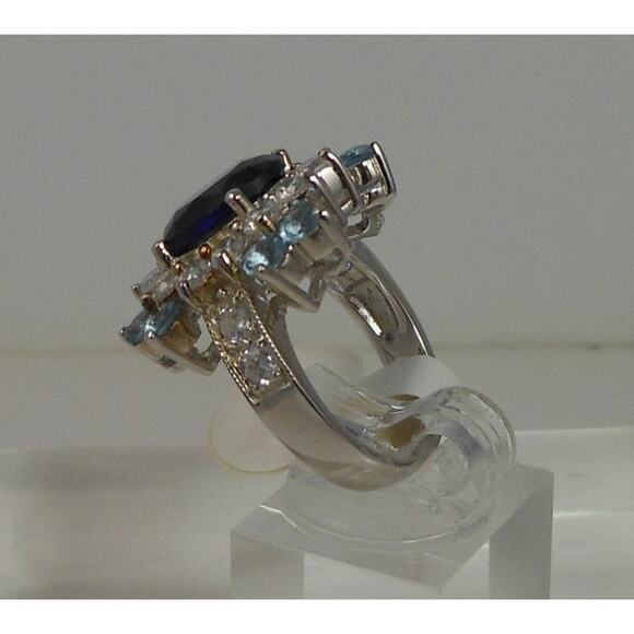Sterling Silver Cocktail Ring Simulated Diamond Sapphire Topaz CZ Vintage Size 6 - Picture 10 of 10